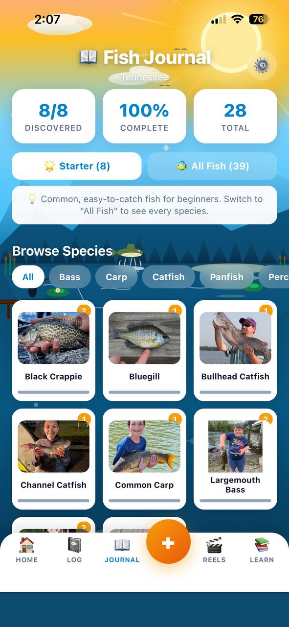 Fish Journal showing your species collection