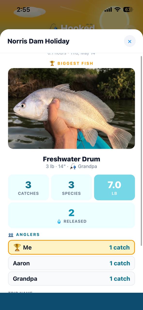 Post-trip summary with biggest fish, MVP angler and stats