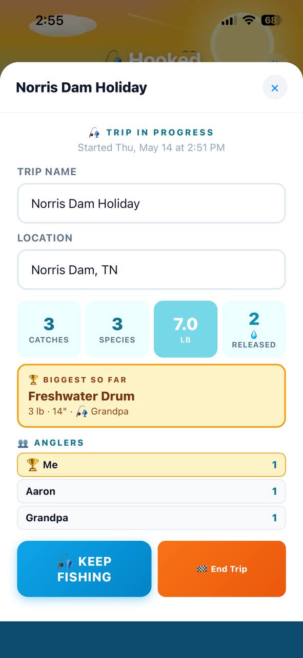 Trip drilldown showing all catches and species caught